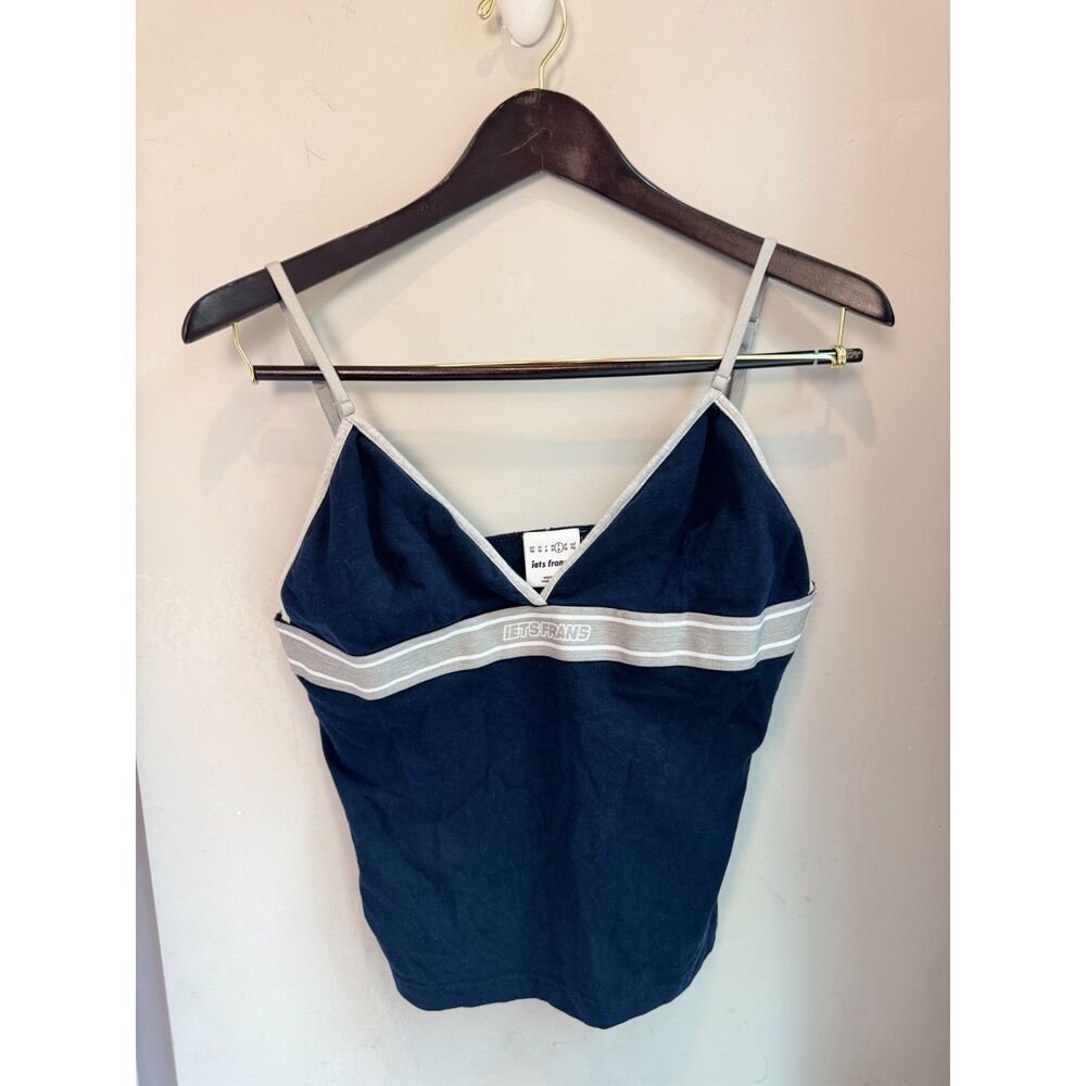 iets frans Camisole Top Large Navy Blue Cotton Spandex Y2K Tank Striped Detail